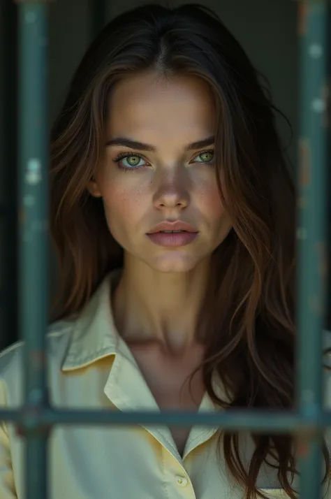 Woman, brown hair, green eyes, fair skin, beautiful, prison uniform