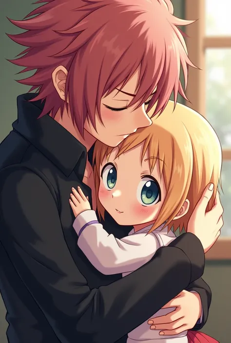  History is a fragile girl of short stature. She has a round ,  baby face with a nose-button , with pinkish lips and blue eyes  ,and next to her is Natsu Dragneel who hugs her tenderly