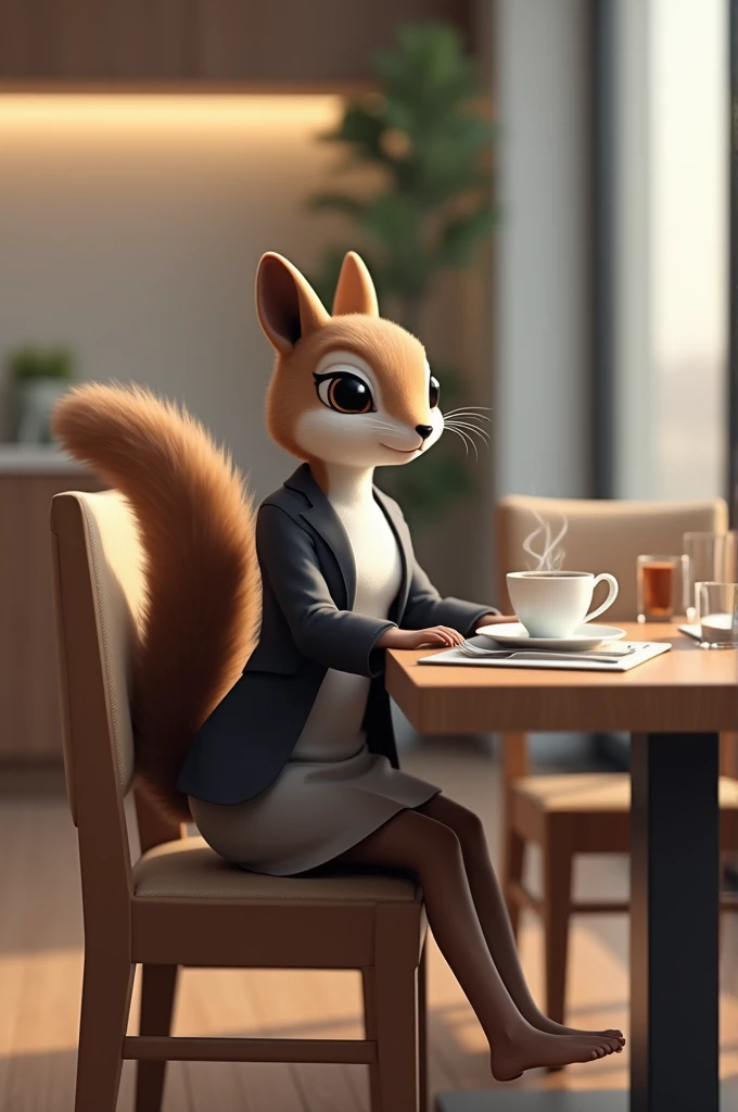 A modern female squirrel sitting on dining chair ready to have breakfast