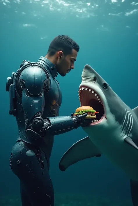 The Brazilian man in the exosuit encounters a shark in the ocean, the shark want to eat his burguer while the Brazilian man in the suit holds the burguer with the suits mechanical claw