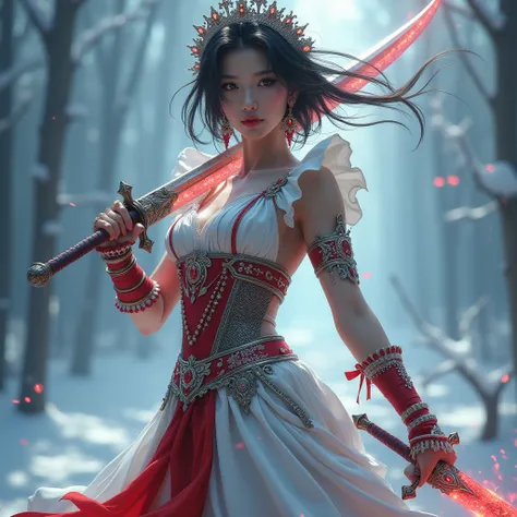 Most beautiful woman, hot and sexy body, background frost,  right holding a holy sword , lift holding dark sword, giving really cool pose, fantasy clothes, luxurious fantasy clothes, maid clothes, Armor clothes, royalty clothes, absently long hair, hair fl...