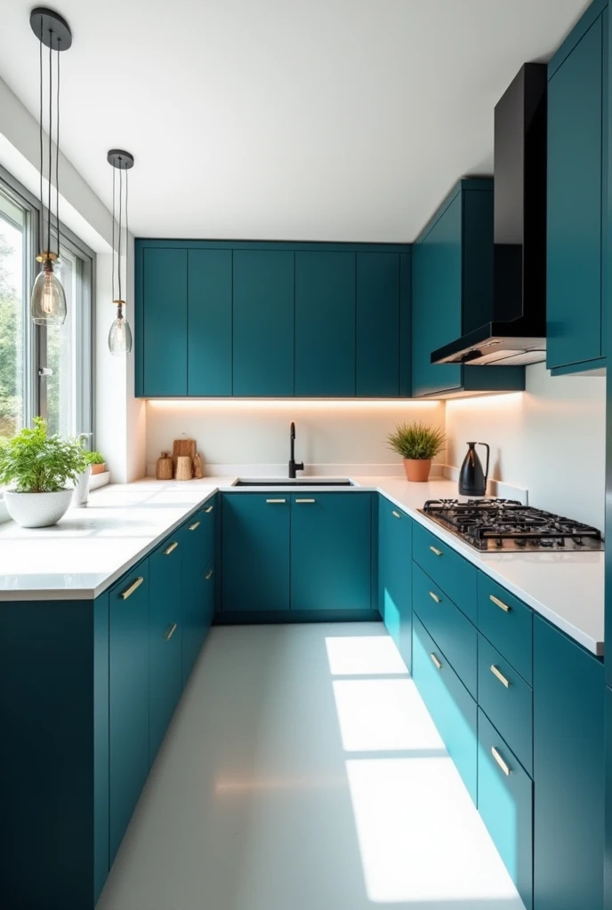 Petrol blue white and black kitchen