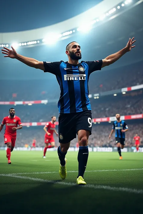 Create an image of the real Benzema with the Inter shirt and the number 9 cheering in front of the north curve and scoring