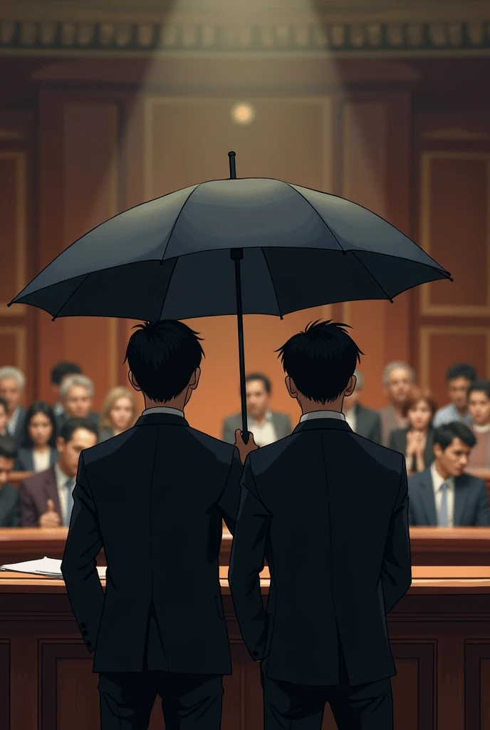 Two nineteen-year-old boys are judging, one holding an umbrella over the others head. And in front of them are 9-10 people sitting waiting for the trial to end.