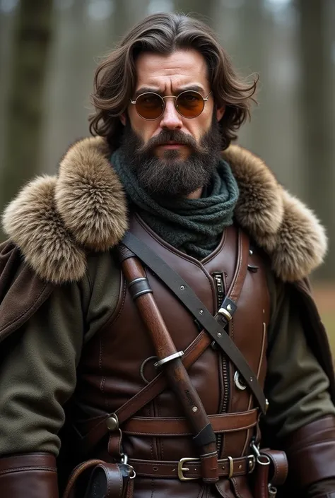  A hunter with wavy hair and a full beard . 33 years old.  A wolfs leather armor and a wool tunic . Amber-colored round glasses . A French musket pointed downwards .  A hunting sword on the left side of the waist and a hunting dagger on the right side.  Tw...