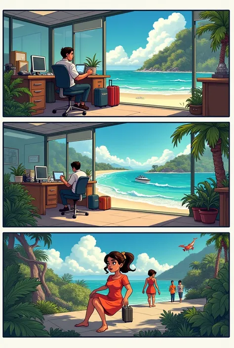 a comic book page with multiple more scenes frame by frame, travel themed, Tell about someone who is bored with work life and wants to go on vacation