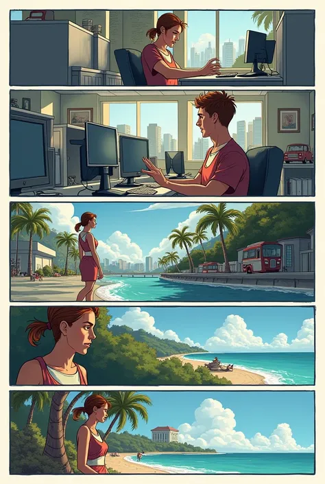 a comic book page with there must a lot of scenes frame by frame, travel themed, Tell about someone who is bored with work life and wants to go on vacation