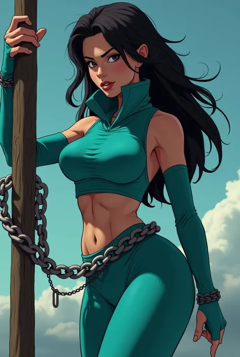  Create a picture of the female black hairy ninja ,  which a turquoise ,  cropped and very slim and athletic ninja suit . She is 16 ,  and the picture was created animated style please .  She is chained to a pole by a villain , welche sie nach und nach bös...