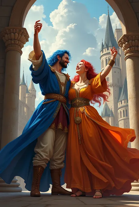 blue-haired man celebrating a medieval red-haired woman