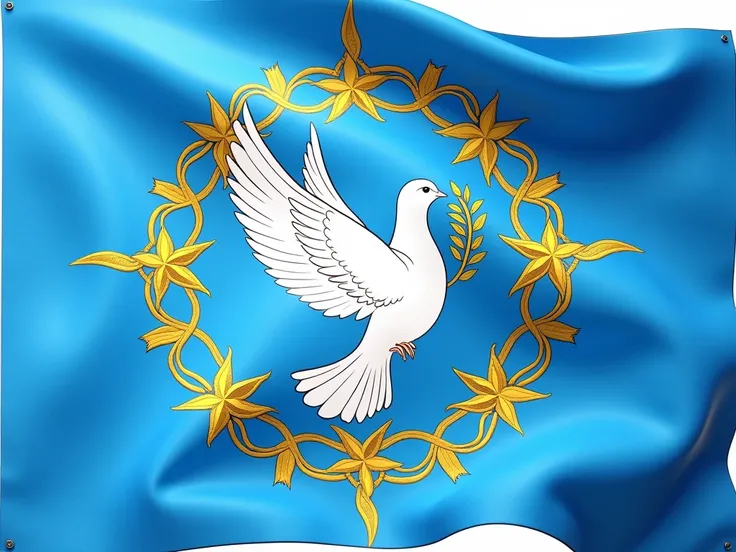  A flag with the theme of unity and symbolic elements could be described as follows:

 MAIN COLORS :

blue:  predominant in the background ,  symbolizing peace and stability .

White: Used in symbols to represent purity and harmony .

golden: for details, ...