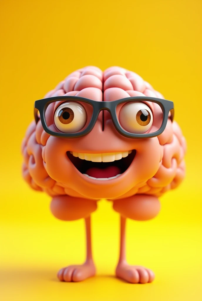 Animated brain wearing glasses smiling with yellow background 