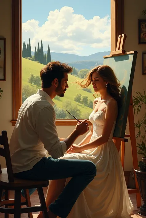 Scene 5: Marcos Artistic Inspiration
1. Marco painting Alessias portrait, with her hair flowing in the wind.
2. Alessia and Marco walking through the Tuscan countryside, surrounded by rolling hills and cypress trees.
3. Marcos studio, filled with paintings...