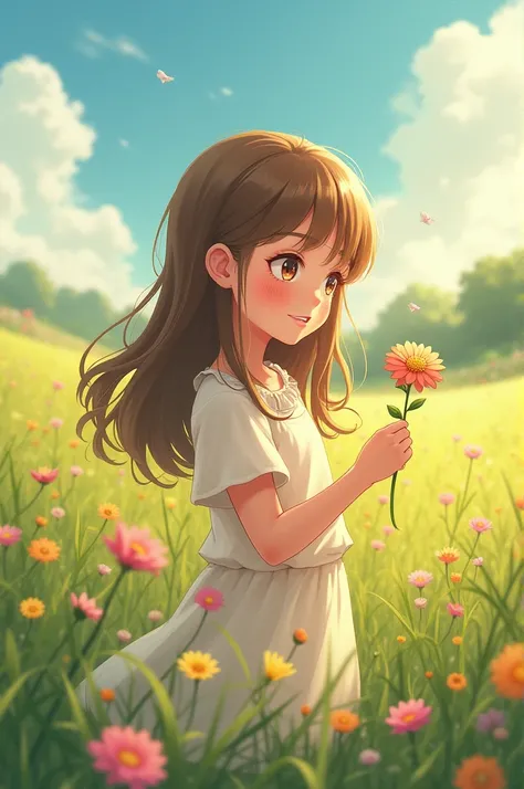 Girl picking a flower anime