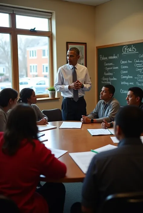 A small community center bustling with activity during a meeting. Obama stands at the center of a round table surrounded by local leaders, each deeply engaged in discussion. The room is simple, with motivational posters on the walls and a chalkboard listin...