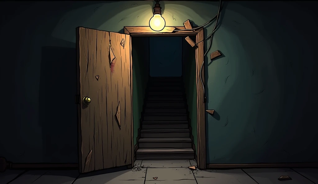 Prompt: A realistic 2D cartoon-style broken wooden basement door hanging loosely on one hinge. Large claw marks are gouged into the surface, and the wood is splintered in several places. The staircase leading down is barely visible through the door, shroud...