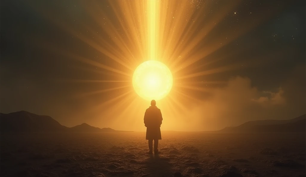 "A dramatic depiction of a lone figure standing amidst a barren wasteland, with a glowing orb of divine light shining directly above them. The light casts sharp, golden rays across the darkened terrain, creating a contrast that emphasizes the figures momen...