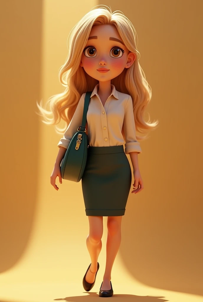  Make me a cartoon like Disney Pixar . A young woman by profession economist . White with straight blond hair, light brown eyes, oval face and looks complete with her legs and feet
