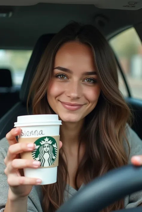 Generate a realistic selfie of a brunette woman in her car with a Starbucks in her hand with the name Sienna handwritten on it, et qui s’apprête à boire une gorgée 