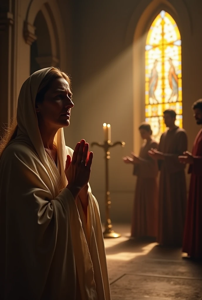 A realistic and cinematic thumbnail for a video about Saint Monica. Saint Monica is in the foreground, with an expression of suffering and hope, kneeling in prayer with her hands clasped tightly and discreet tears on her face. The lighting highlights a gol...