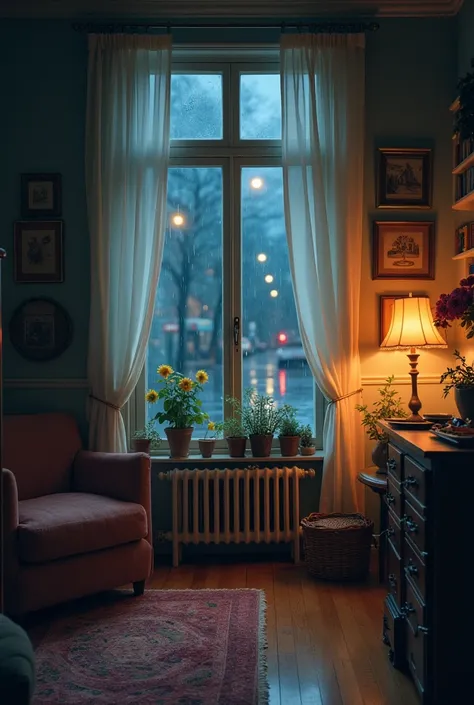 A cozy, dimly lit room with soft lighting, vintage decor, and a window showing a rainy street at night. Pastel colors and grainy textures, with a calm, nostalgic atmosphere.