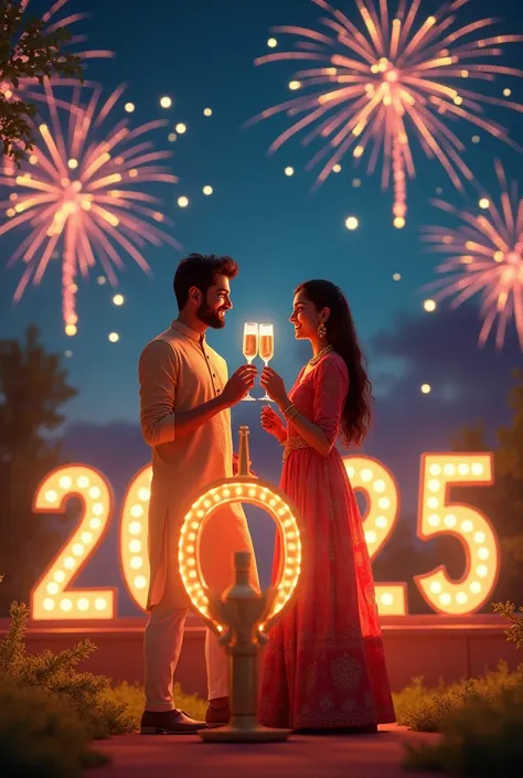 A highly detailed 3D illustration of a young Indian couple celebrating New Year 2025 in a festive outdoor setting. The couple is standing under a night sky illuminated with colorful fireworks bursting in the background. They are holding champagne glasses a...