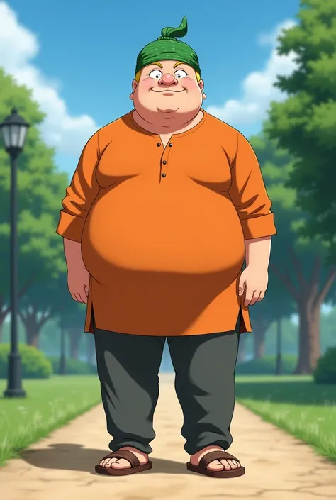 Adult Man, round face, with short thin yellow haircut, less chubby, muscular, in Anime, wearing his green bandana-like-beanie on his head, wearing his orange short kurta, Dark Gray pants, Brown sandals, standing at the park