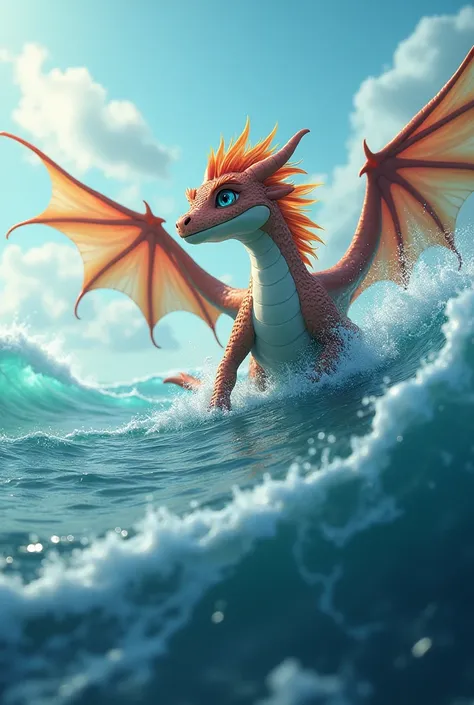 Dragon flying in the middle of the sea and a comfortable dragon with brightly colored hair and crystal clear eyes 