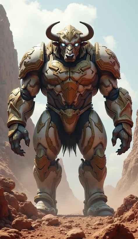 create 32k muscular hybrid of golden bison with armor-like cow fusion, standing in a vast, rugged alien world. This fusion embodies the immense strength of a golden bison, its large, muscular frame combined with the natural protection of a cows thick, stur...