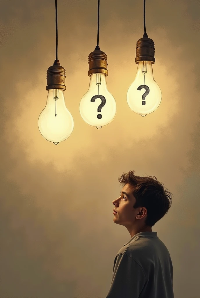 a group of light bulbs hanging from the ceiling with question marks, a minimalist painting by Andries Stock, shutterstock contest winner, conceptual art, question marks, instagram post, intriguing, the ultimate question of life, confused, curious expressio...