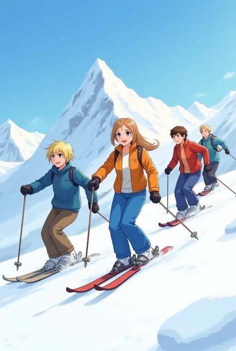 Four people skiing on the mountain 
A woman small blond young 
Three men young blond and brown-haired