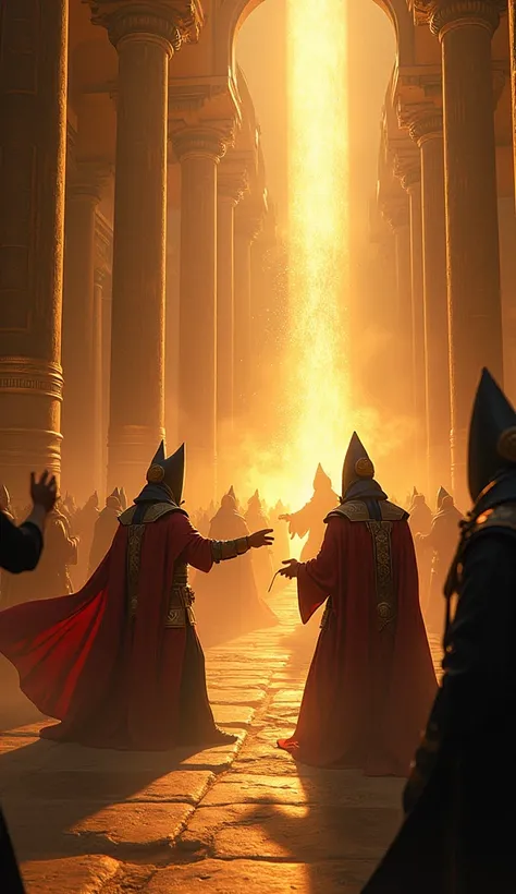 Pharaoh’s court in the heat of battle, the close up of magicians casting their spells in desperation as the sunlight casts long shadows, creating an epic and tense atmosphere.