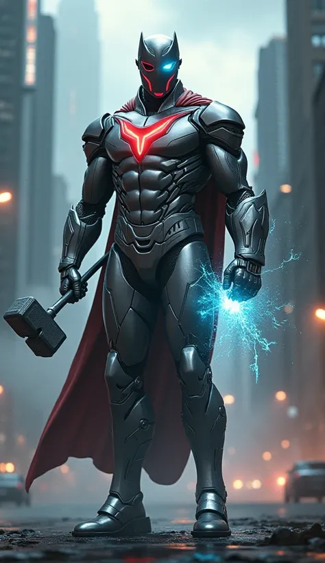 A stoic, powerful slim superhero in silver and red armor, wielding an icy hammer and energy shield. 