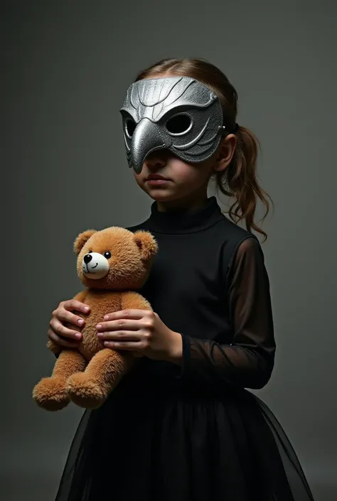 Someone between 6 and  ,  in a simple black dress ,  wearing a hawk mask on the face made of silver that covers the entire face, The eyes of dont appear ,  there are only eyes left on the mask that has no holes .  So while shes holding a teddy bear  