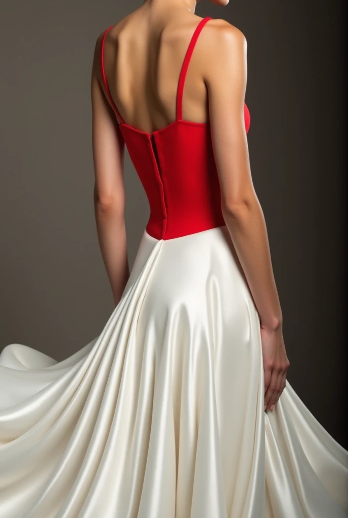 A beautiful dress with a red thin strap top and white sleek skirt like bottom. The red should be tight fitted. The bottom be like silk