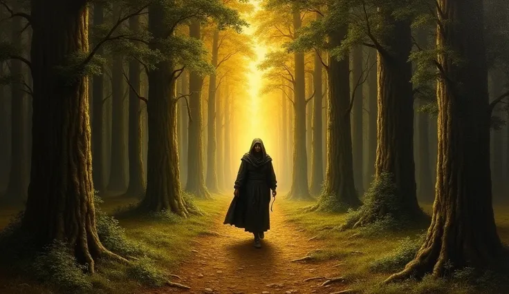 "A richly detailed Renaissance oil painting of a cloaked figure walking through a dense forest. The figure is surrounded by towering trees painted with precise realism, their dark trunks twisting toward the heavens. In the distance, a divine golden light b...