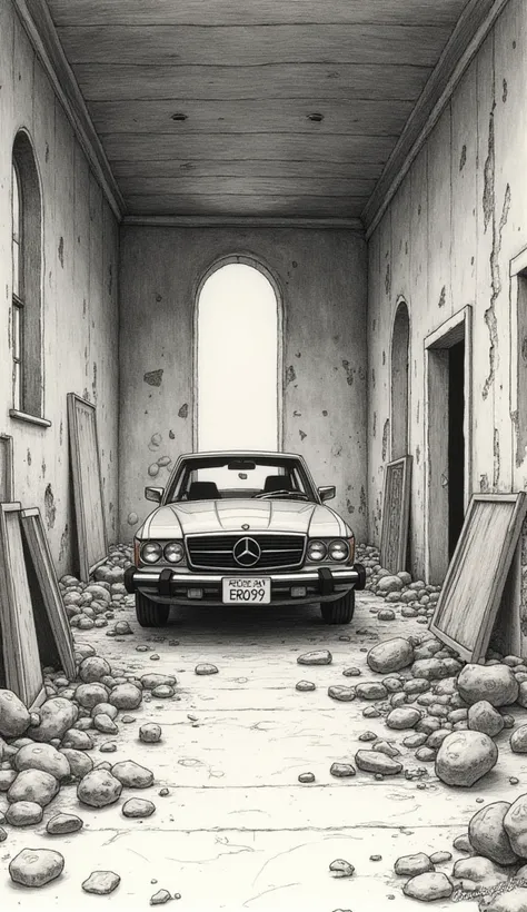 、 Mizuki Shigeru Kaze 、Pen drawing、Precision、delicate、 Calm Colors、Ruined Room 、 Fantastic、Vertical composition、Fine shading、 hand drawn style 、Pen drawing、Pointillism、Black and white painting 、Gallo comics、A huge car floats in the middle of the room