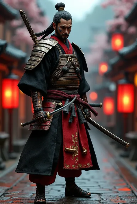 Premium 1/12 scale collectors figure of Manji from Blade of the Immortal, mastercraft samurai stance, ultra-detailed black and red kimono with metallic thread texture, battle-scarred armor pieces with weathering effects, multiple weapon loadout, intense de...