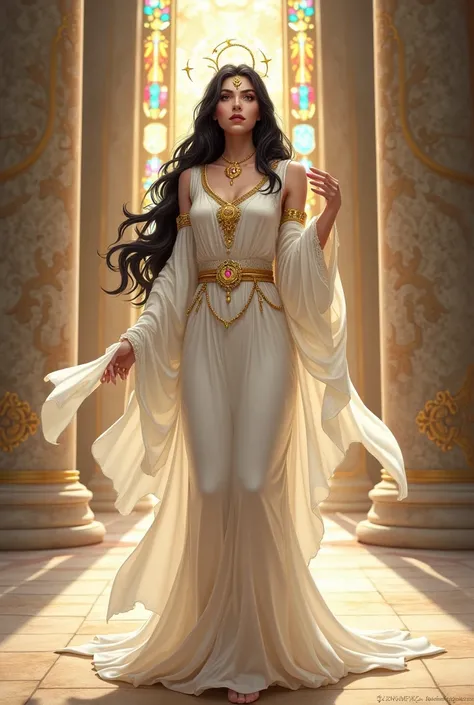 Character Concept: The Saintess of the Holy Temple

Appearance: The Saintess stands tall and graceful, her long wavy black hair cascading down her back, with a striking silver strand framing her face, symbolizing her divine connection. Her wide, golden-col...