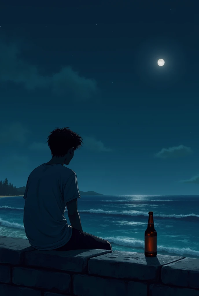 Generate a image "a boy 5.11 of height  turned back and sitting with beer bottle beside him on a road side wall which was located at the bank of the rk beach at the night time