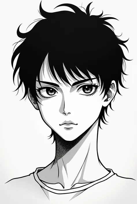  Create a black and white manga style art for me ,  the traits have to be simple .  I want a boy with short hair with a tuft with a pretty face. I dont want generic art . I want him with a mans face, He is .