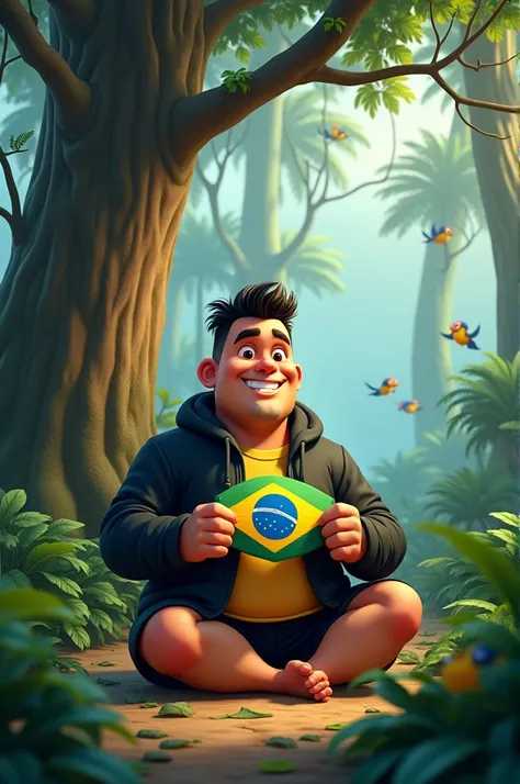 3D cartoon ,  photo of a Brazilian man , well-groomed short hair , half fat, wearing a black jacket, bermuda,  sitting holding a logo ,  camping in the middle of a rainforest with a big tree,  surrounded by lots of trees and birds , Ultra HD, clear picture...