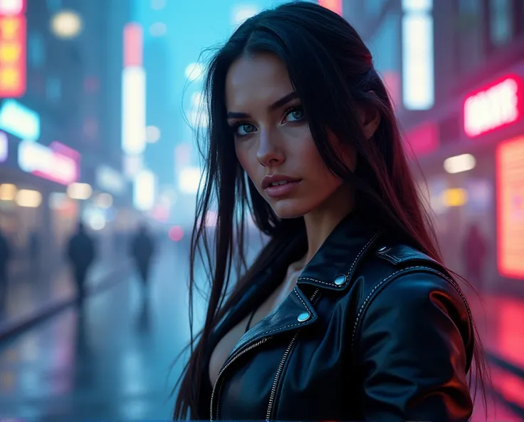 close up cinematic photography of a beautiful Native American woman, blue eyes, long hair, sexy sculptural body, beautiful breasts, wearing tight sexy police leather outfit, walking on a road in the background a futuristic cyberpunk city, neon lights, past...