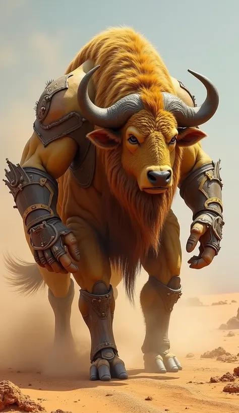 create 32k muscular hybrid of golden bison with armor-like coyote fusion, standing in a desolate, desert world. This hybrid merges the golden bison’s brute strength with the lean, agile armor of a coyote. Its body is covered in tough, coyote-inspired armor...