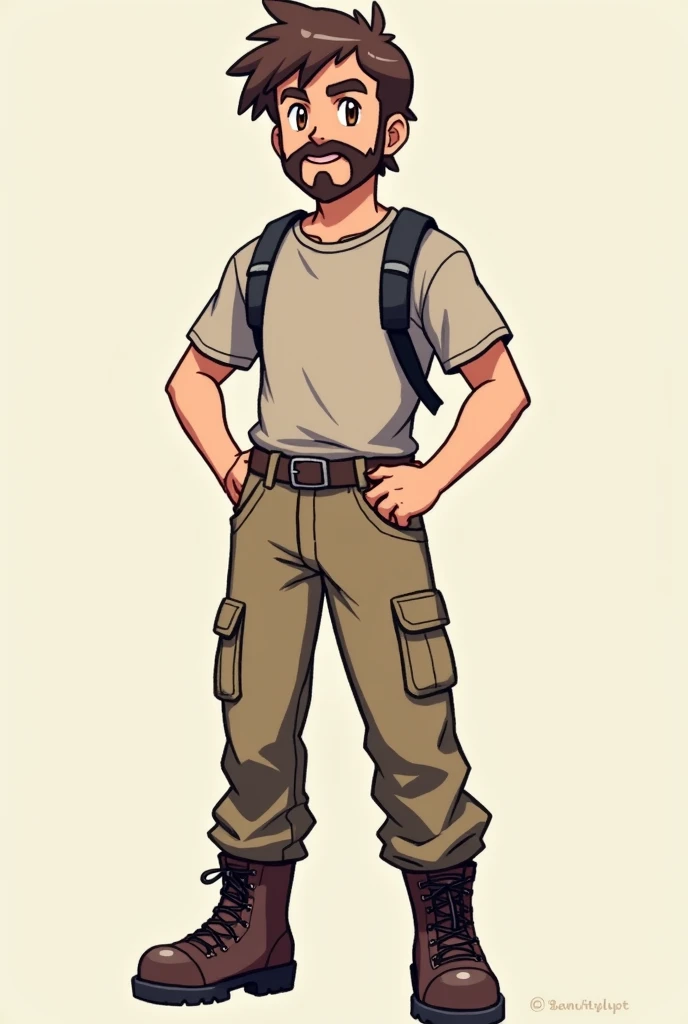  full body, Pixel art style like in a Pokemon game, Pokémon Trainer , A man with short straight brown hair , With beard and mustache, His brown eyes and his skin tone is light , A little chubby