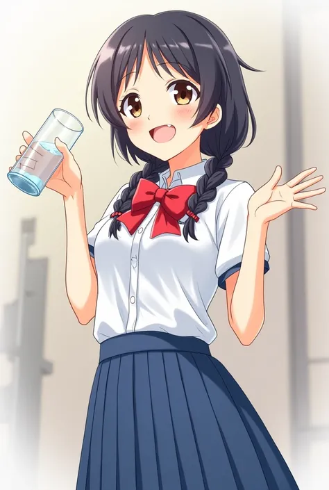 Anime girl wearing Japanese high school dress, bow, red shirt, white short-sleeved shirt, blue skirt, braid on 2 sides, smile and shrug 2 inches, other hand removes a glass of water