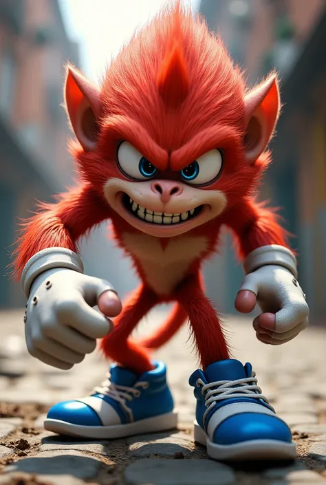 monkey with the color red ,  blue eyes,  white gloves, blue sneakers,  Sonics body structure, anger, Sonic Style