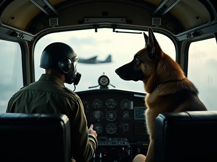  create the image of a closed cabin of an aircraft from the Second World War,  inside the cabin a pilot from the Second World War , piloting the aircraft ,  and next to it a German shepherd dog , both wearing an oxygen mask and facing the aircrafts front w...