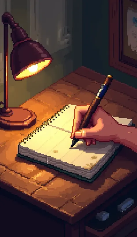 3d pixer cartoon pakistan:A hand writing in a weathered notebook, with a warm lamp illuminating the desk.