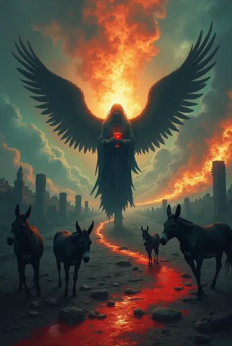 Create a dark and surreal illustration inspired by a dystopian journey. Center the image around a celestial figure with angelic wings, holding a blood-stained chalice, embodying false divinity. Surround this figure with a chaotic landscape of black donkeys...