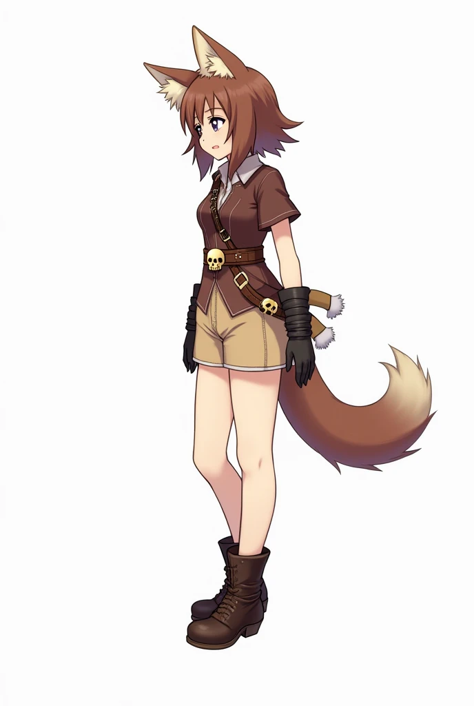   Female anime character   ,    furry with giant cat ears   ,    brown hair with a beige tuft    ,    with a brown short-sleeved blouse,  a transverse belt   , with a skull l   , And a short beige    , adventurer costume   ,    a drade leather boot and bla...